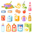 Baby food vector child healthy nutrition fresh juice with fruits and vegetable mashed puree for childcare health illustration childish set of carrot or apple and milk isolated on white background