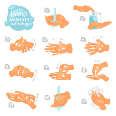 Wash hands vector instructions of washing or cleaning hands with soap and foam in water illustration antibacterial set of healthy skincare with bubbles isolated on white background