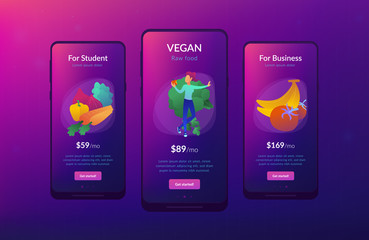 White woman among fruits, vegetables and mushrooms. Vegan raw food landing page. Raw veganism, foodism, fruitarianism, juicearianism and sproutarianism. Mobile UI UX app interface template.