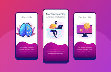 Wall Mural - Brain with digital circuit and programmer with laptop. Machine learning, artificial intelligence, digital brain and artificial thinking process concept, violet palette. App interface template.