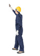 © Singha songsak - Workman with blue coveralls and hardhat in a uniform holding steel trowel