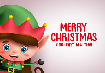 Wall Mural - Christmas vector background template with girl elf character showing merry christmas greeting in white background. Vector illustration.
