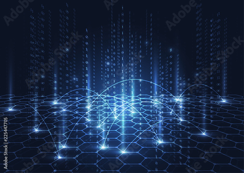 Abstract falling binary code in the matrix technology blue hexagons pattern b...