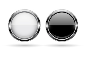Black and white round buttons. Glass 3d shiny icons with chrome frame