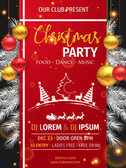 Wall Mural - christmas party design with fir branches, pine cones, holly, and string lights. festive christmas ba