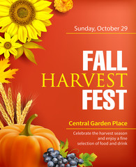 Harvest festival poster design. Invitation for crop fest. Vector illustration.