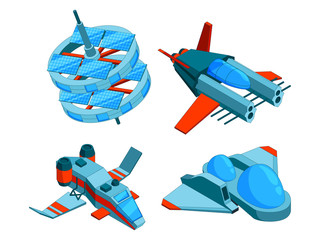 Poster - Spaceships isometric. Building technology of various types of ships cargo warship bomber and aerial 3d vector low poly spaceships isolated. Illustration of spaceship and rocketship transport isometric