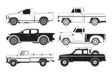 Pickup Truck Silhouettes. Black Pictures Of Various Automobiles. Transport Pickup 4x4 Collection, Monochrome Black, Vector Illustration