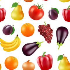 Poster - Vector realistic fruits and berries pattern or background illustration. Vegetarian background fresh, berry and eggplant