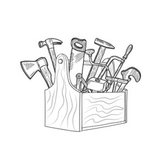 Poster - Vector hand drawn woodwork equipment in wooden toolbox isolated illustration. Toolbox with hammer and tool equipment