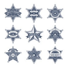Security Sheriff Badges. Police Shield And Officers Logo Texas Rangers Vector Symbols. Illustration Of Sheriff Law, Officer Texas Police, Badge Emblem