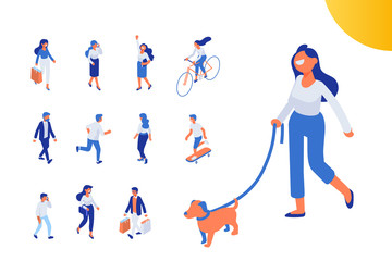 Flat isometric girl walking with dog. Isometric people vector set. Flat vector characters isolated on white background.