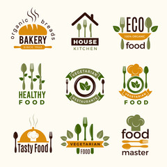 Wall Mural - Food logos. Healthy kitchen restaurant buildings cooking house spoon and fork food vector symbols for design projects. Green emblem logo badge for restaurant ecological food illustration