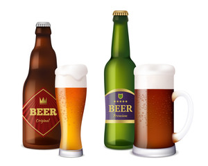 Wall Mural - Beer glasses bottles. Cup and vessels for alcoholic drinks craft light brown fresh cold beer with foam splash. Realistic pictures beer. Illustration of beer glass and bottle alcohol