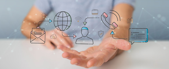 Businessman using thin line social network icons interface