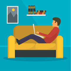 Wall Mural - man freelancer at sofa concept background. flat illustration of man freelancer at sofa vector concep