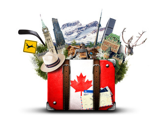 canada, retro suitcase with hat and canadian attractions