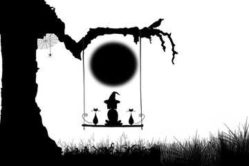 Wall Mural - The witch child and two cat sitting on the wooden swing in the night of the full moon on Halloween Concept.