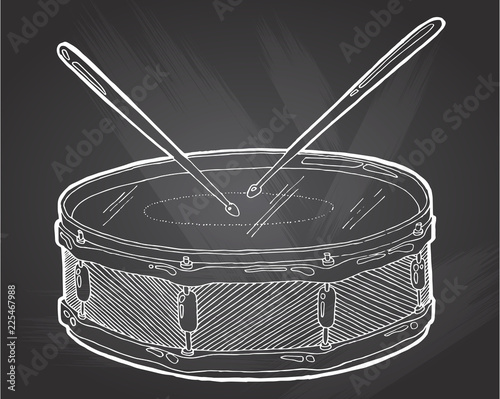 Cuadros en Lienzo Snare drum and sticks sketch drawing isolated on chalkboard background