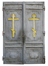 Locked Wooden Gates Of The Old Historical  Church With Golden Christian Crosses.