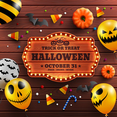 Wall Mural - Happy Halloween Banner with Halloween text on vintage wooden board and Halloween Ghost Balloons on blue background.Scary air balloons.Website spooky or banner  template.Vector illustration EPS10