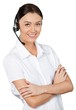 © BillionPhotos.com - Friendly Woman Talking on Headset with Arms Crossed - Isolated