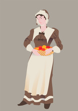 The American  Pilgrim, Vector Illustration By Thanksgiving Day. Woman The Pilgrim In A Traditional Suit With Basket Of Fruit. Isolated Object.