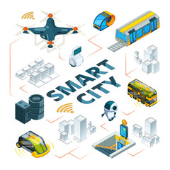 Sticker - Smart city 3d. Urban future technologies smart buildings and safety vehicle drones cars delivery transport vector isometric pictures. Illustration of smart city, future cityscape infrastructure