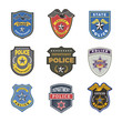 © ONYXprj - Police badges. Security signs and symbols government department officer law enforcement vector logotypes. Illustration of security officer, sheriff and cop, federal detectives