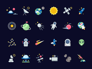 Sticker - Space icons. Earth moon with sun and satellites asteroid views from telescope vector space icons in flat style. Illustration of earth and satellite, space rocket and moon, sun, asteroid, star