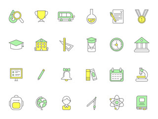 Poster - Colored school icons. Vector symbols of science. Illustration of school educational, study and lesson, globe and bell