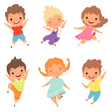 Jumping Children. Cute Surprised Playing Crazy Happy Kids Male And Female Boys And Girls Vector Cartoon Characters. Female And Male Joy, Young Jumping Illustration