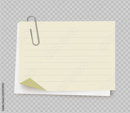 Fotomural Vector realistic white yellow note paper from note pad with paper clip on transparent background