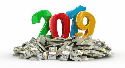 Poster - New Year 2019 and Dollars. Image with clipping path