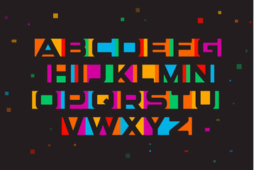 Wall Mural - Colored vector font. Geometric negative space alphabet. Colorful letters on black background with geometric confetti.