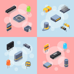Poster - Vector banner and poster with isometric microchips and electronic parts icons infographic concept illustration