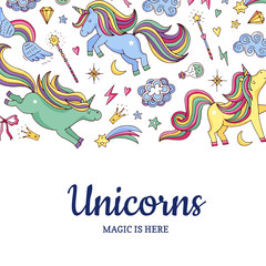 Sticker - Vector cute hand drawn magic unicorns and stars background with place for text illustration. Poster template colored