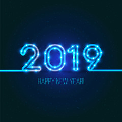 2019 New Years design. Vector neon figures with lights. Greeting card background. Happy new year 2019 sign.