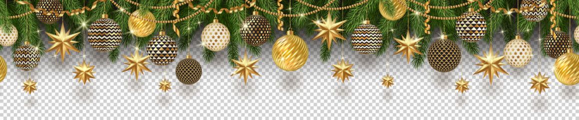christmas golden decoration and christmas tree branches on a checkered background. can be used on an