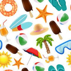 Wall Mural - Summer seamless pattern. Various symbols of summer time. Vector travel and vacation summertime, starfish cocktail and ball illustration