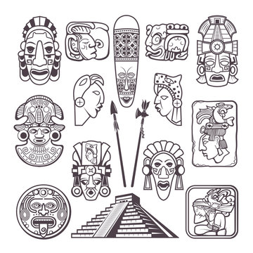 monochrome pictures set of mayan culture symbols. tribal masks and totems. vector aztec tribal mytho
