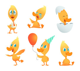 Wall Mural - Illustrations of funny duck. Vector cartoon animals in action poses. Duck bird pose, yellow character duckling collection