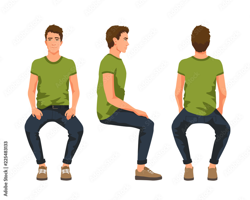 Vector illustration of three sitting men in casual clothes under the white background. Cartoon realistic people - obrazy, fototapety, plakaty 