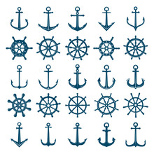 Wheels Ship Anchors Icon. Steering Wheels Boat And Ship Anchors Marine And Navy Symbols. Vector Silhouettes For Logo Designs Or Tattoo. Anchor And Wheel For Ship Or Boat, Navy Travel Illustration