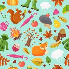 Poster - Autumn animals pattern. Forest fall cute fox hedgehog and orange squirrel in yellow leaves vector autumn seamless background. Autumn background, squirrel and woodland, seamless pattern illustration