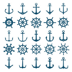 Poster - wheels ship anchors icon. steering wheels boat and ship anchors marine and navy symbols. vector silh