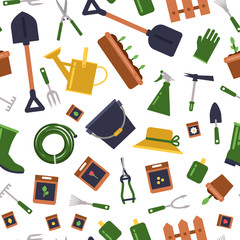 Poster - Vector flat gardening icons pattern or background illustration. Watering and growing, rake and pruner