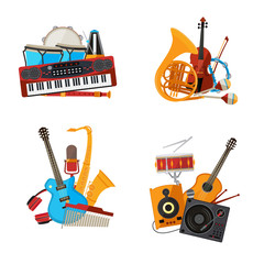 Canvas Print - Vector cartoon musical instruments piles set isolated on white background illustration. Musical drum and guitar, trumpet and violin