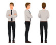 Vector illustration of three business men with crossed arms in official clothes. Cartoon realistic people illustartion.Worker in a shirt with a tie.Front view man,Side view man,Back side view man