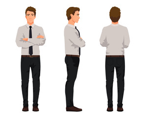 Wall Mural - Vector illustration of three business men with crossed arms in official clothes. Cartoon realistic people illustartion.Worker in a shirt with a tie.Front view man,Side view man,Back side view man